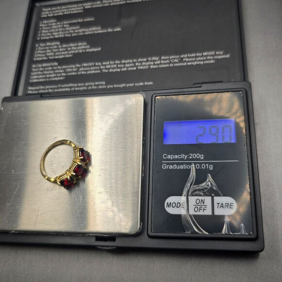 Sterling Vermeil Garnet Ring Size 7 3-Stone Chain Link Band White Zircon Accent - Picture 11 of 11